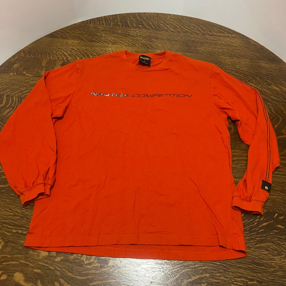 Y2K Nautica Competition Shirt Mens Large Orange Long Sleeve Raised Plastic Logo